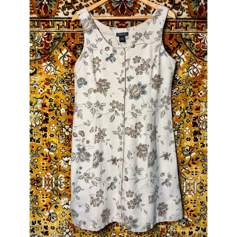 90s Linen Floral Sleeveless Dress Rafaella Sz 12 Back Tie Button Front